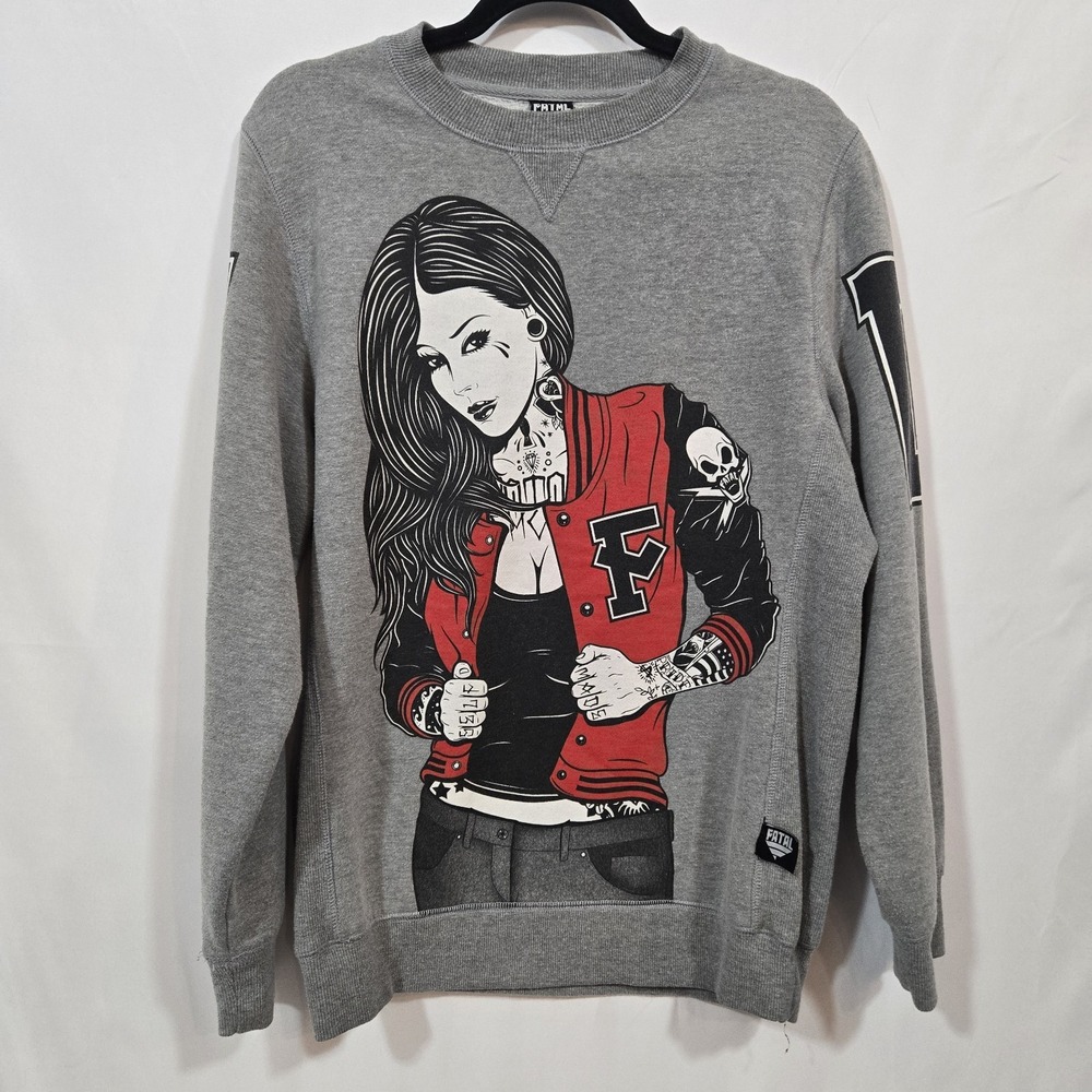 Fatal Clothing Tattoo Girl Crewneck Sweatshirt S Gray Skate Punk